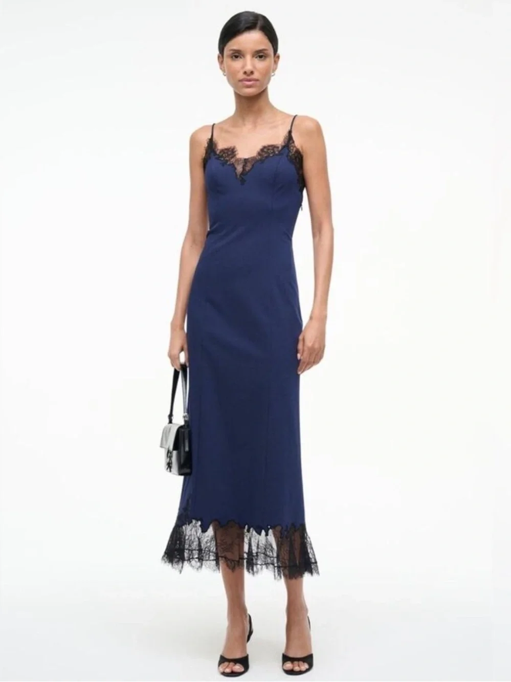 Staud Nadia Lace Trim Midi Dress in Navy S